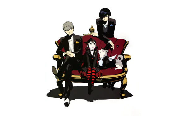 HD PC desktop wallpaper featuring Persona video game characters Nanako Dojima, Yu Narukami, Minato Arisato, and Koromaru seated together on a red sofa.