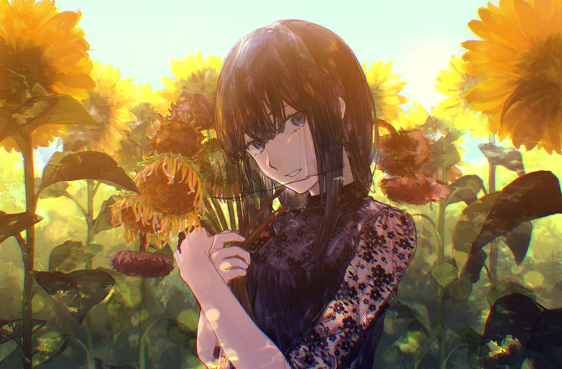 Anime-style illustration of a long-haired girl with grey eyes and brown hair, wearing a veil, standing among sunflowers in a sunlit field.