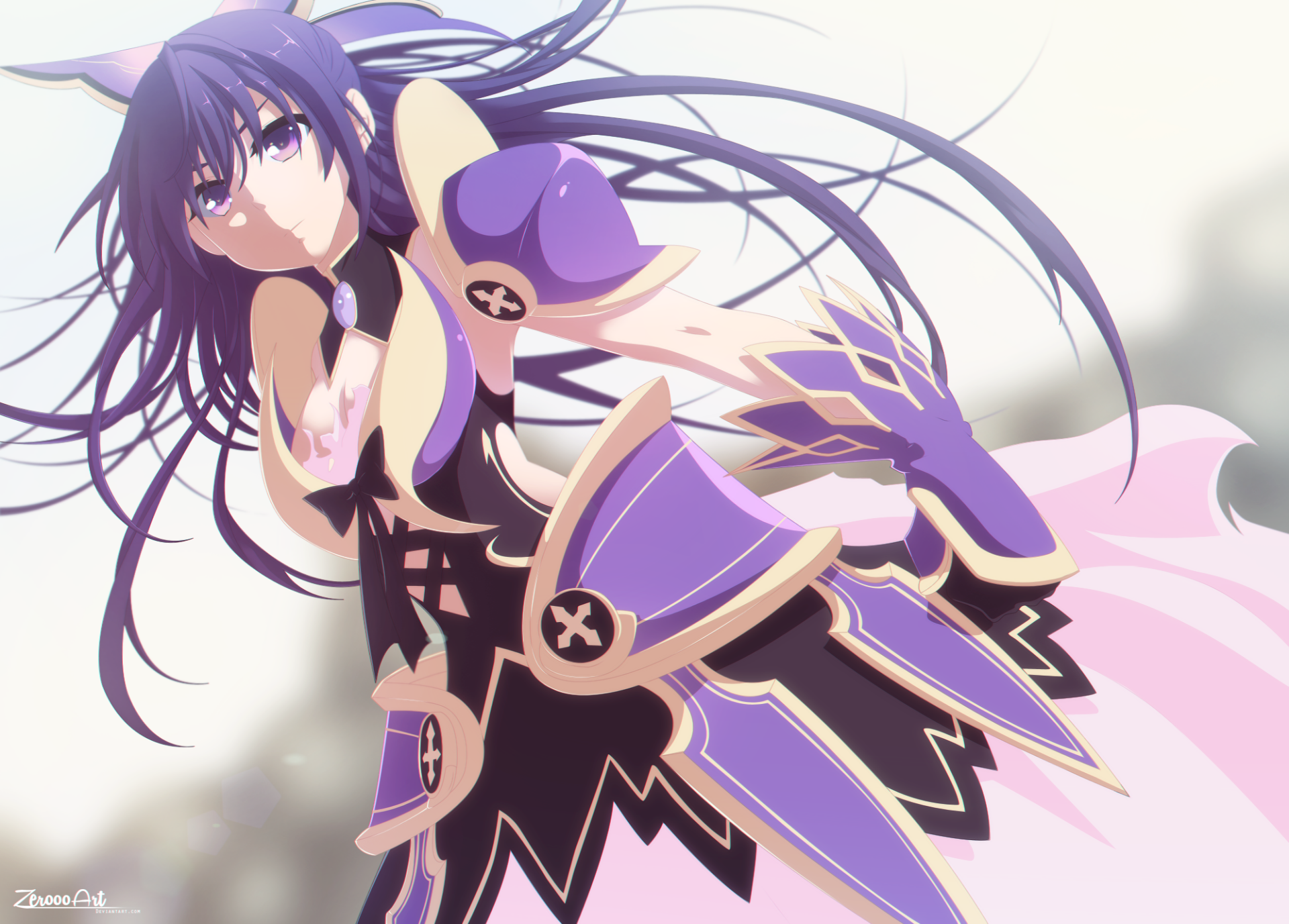 Tohka Yatogami from the anime Date A Live in purple armored dress with flowing hair and soft glow — HD PC desktop wallpaper/background