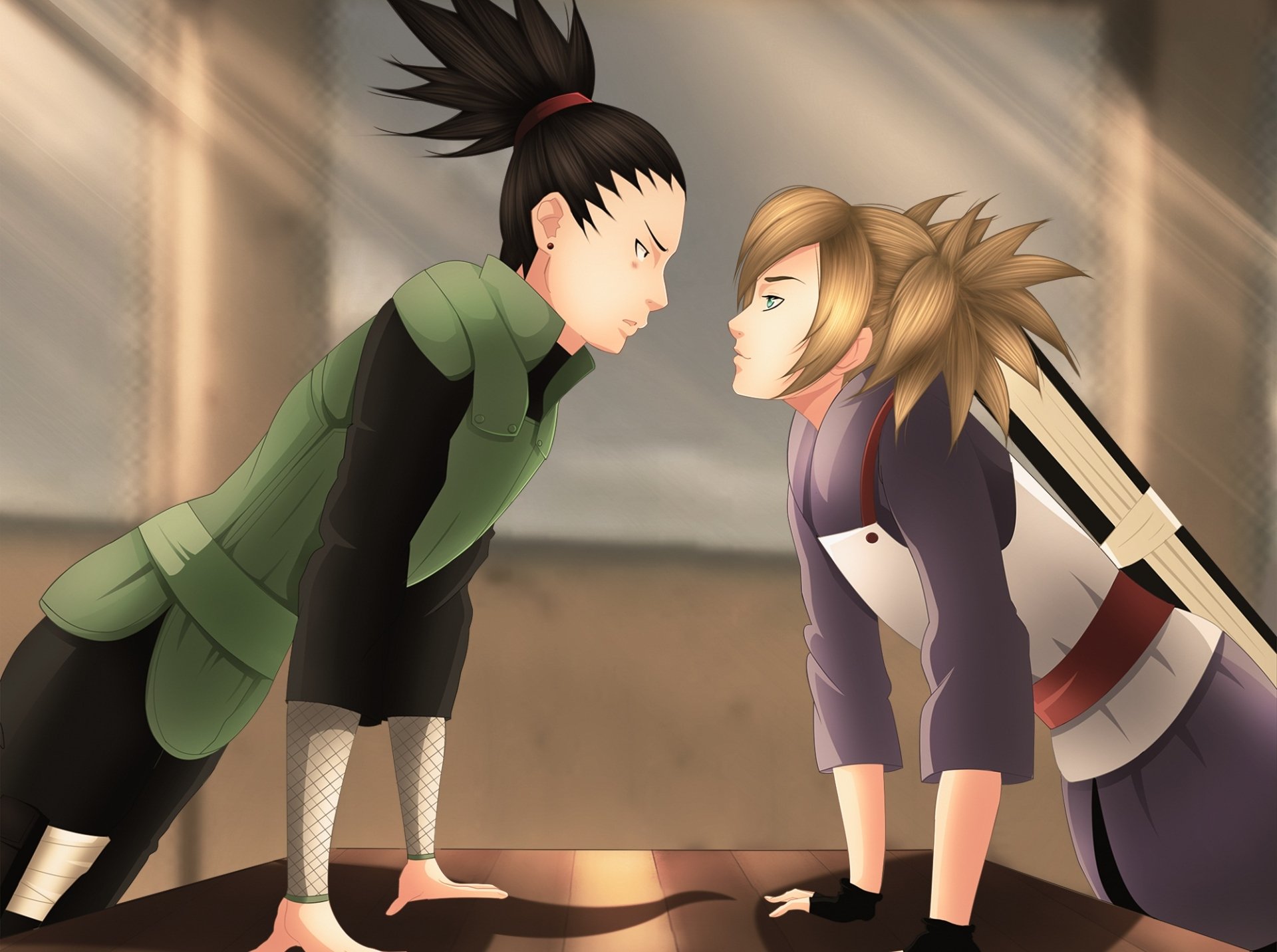 HD anime wallpaper featuring ninja characters Shikamaru Nara with black hair and Temari with brown hair from Naruto, facing each other in a tense moment.