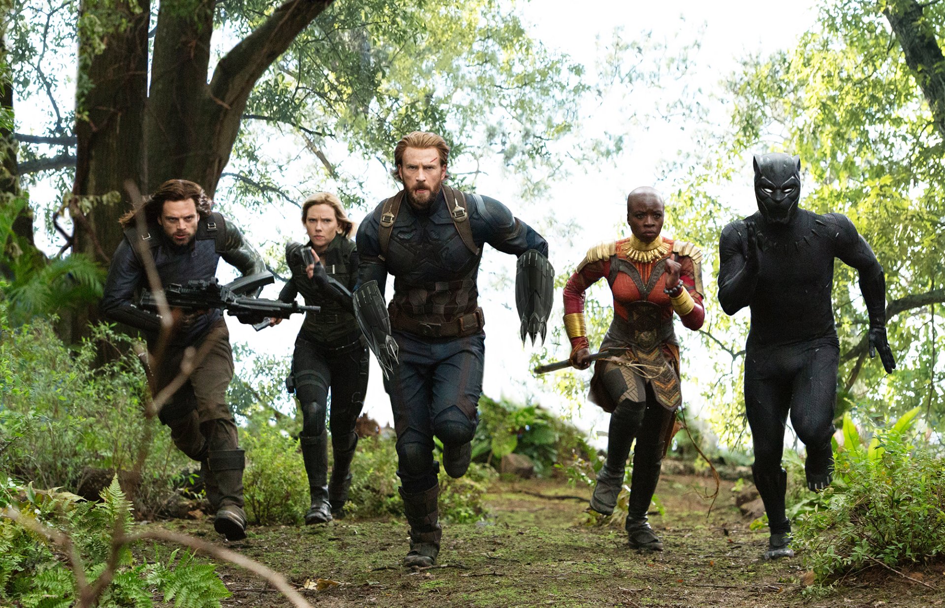 HD desktop wallpaper featuring Avengers: Infinity War characters Black Panther, Okoye, Captain America, Black Widow, and Winter Soldier in an action scene.
