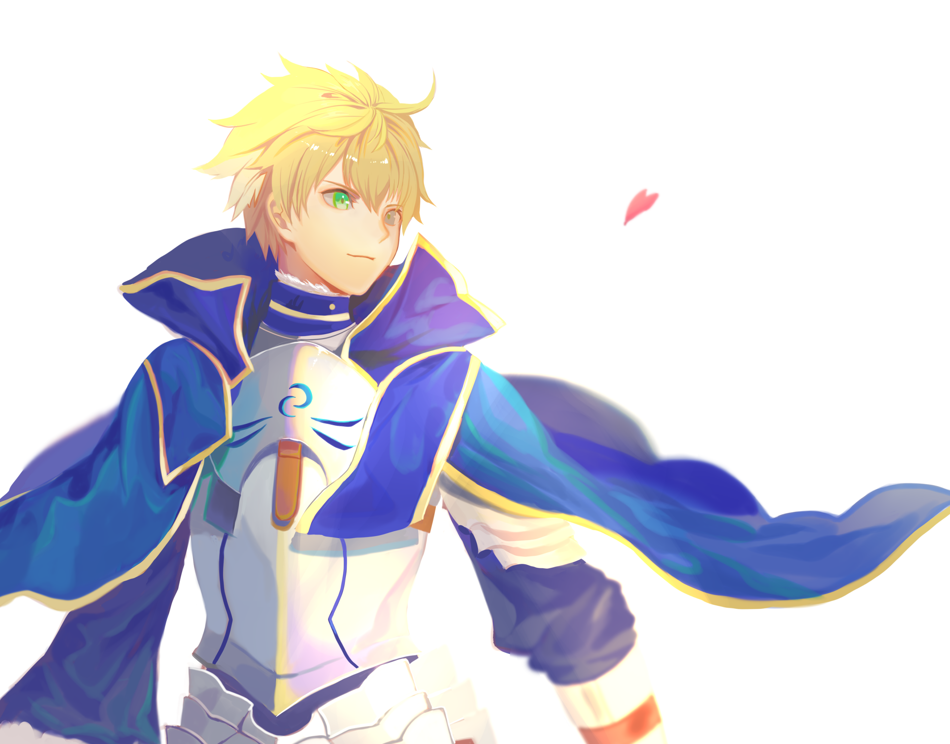 Saber (Fate/Prototype) from Fate/Grand Order in white armor and a flowing blue cloak, anime-style 4K Ultra HD PC desktop wallpaper, gazing right with a small pink heart accent.