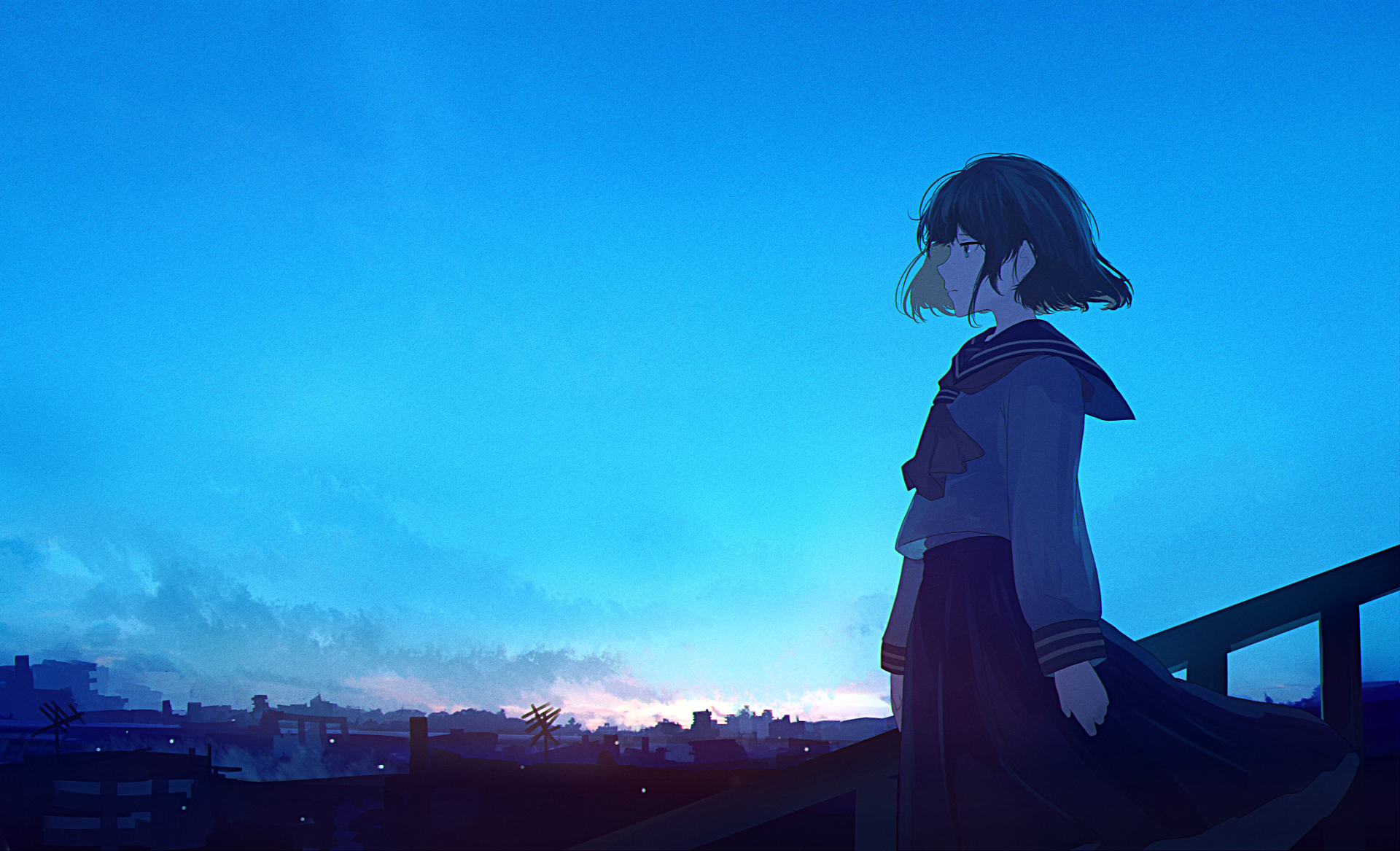 Anime-style HD desktop wallpaper featuring a short-haired character with black hair and eyes, standing against a glowing city skyline at dusk.