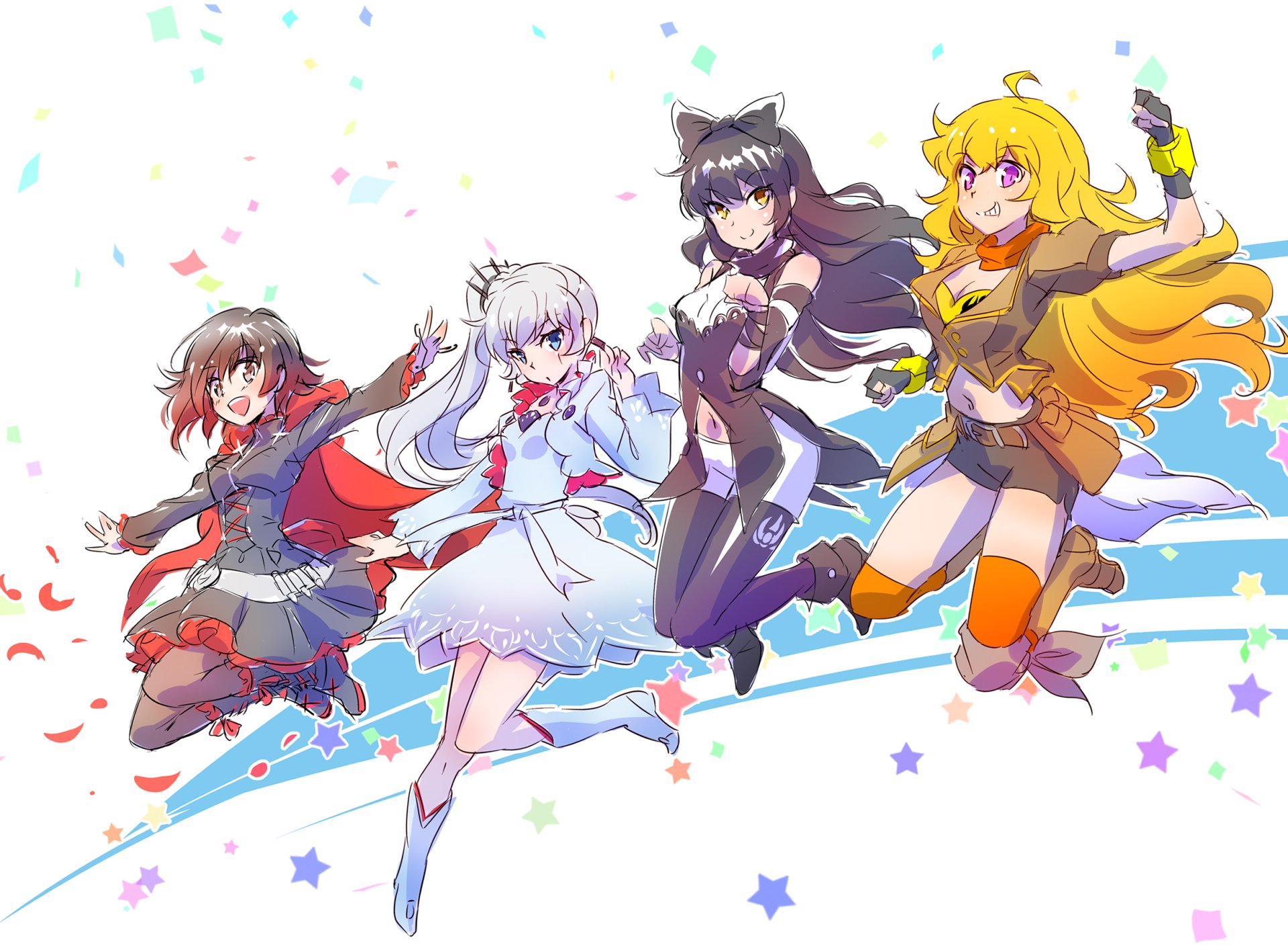 HD PC desktop wallpaper featuring Weiss Schnee, Ruby Rose, Blake Belladonna, and Yang Xiao Long from the anime RWBY in vibrant, dynamic poses.