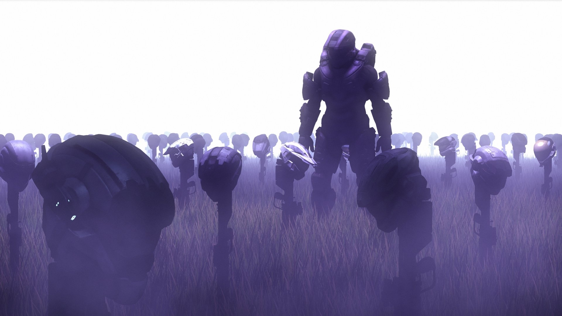 HD wallpaper featuring Master Chief from the video game Halo, standing amid a foggy battlefield, surrounded by numerous shadowy figures.
