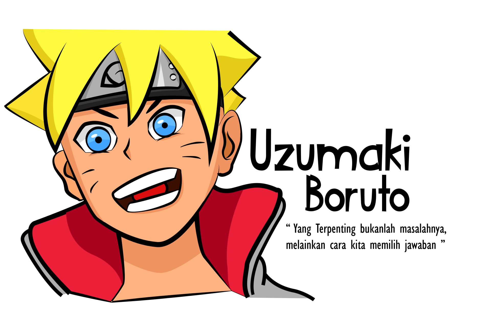 Anime Boruto Uzumaki portrait with bright grin and headband, Uzumaki Boruto text and Indonesian quote — 5K Ultra HD PC desktop wallpaper/background.