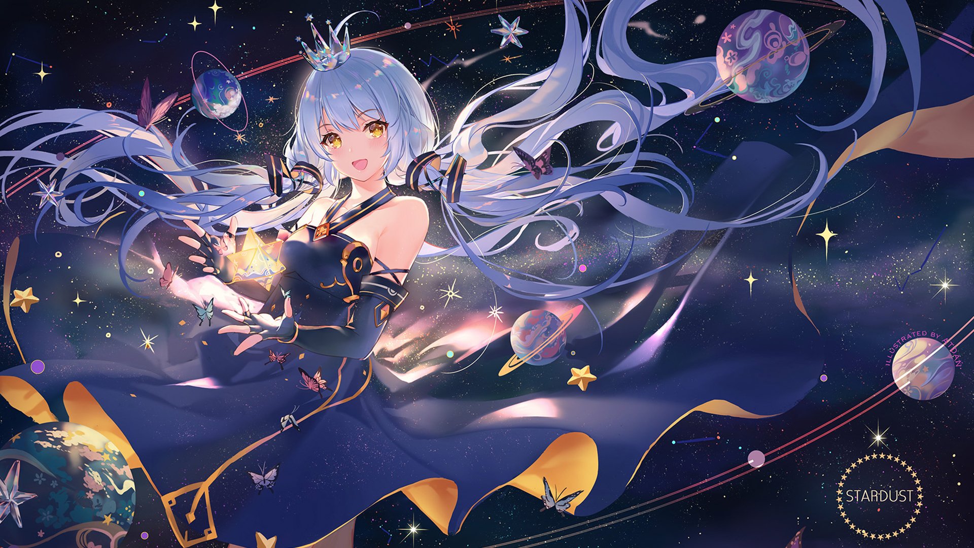 HD PC desktop wallpaper featuring Hatsune Miku from Vocaloid, depicted in an anime style with flowing silver hair and a cosmic, starry background.