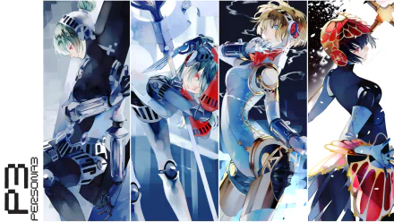 HD PC desktop wallpaper featuring Aigis from the video game Persona 3, showcasing dynamic, stylized poses in a vivid and detailed art style.