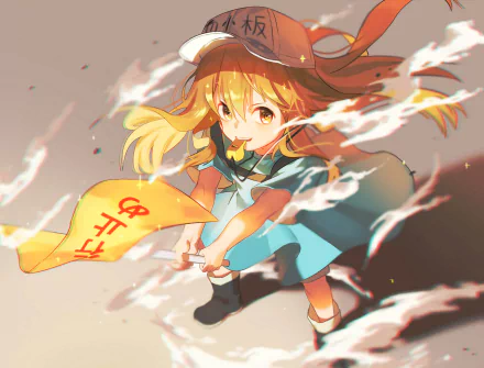 HD desktop wallpaper of Platelet from the anime Cells at Work! holding a yellow flag. The background is dynamic, with animated effects surrounding the character.