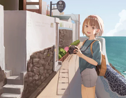 HD anime-style original desktop wallpaper featuring a girl with a camera standing by a seaside walkway under a bright, sunny sky.
