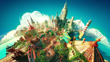 Vibrant fantasy cityscape with diverse architecture, bathed in bright daylight, designed as a high-definition PC desktop wallpaper and background.