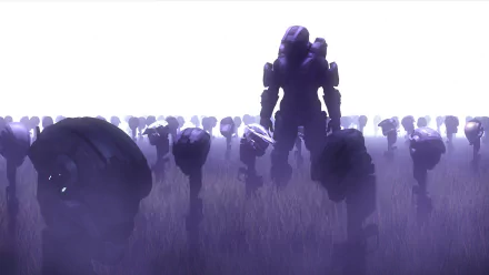 HD wallpaper featuring Master Chief from the video game Halo, standing amid a foggy battlefield, surrounded by numerous shadowy figures.