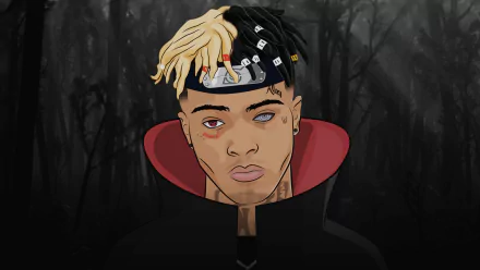 HD desktop wallpaper featuring a stylized illustration of XXXTentacion with blonde and black hair, set against a misty forest background.