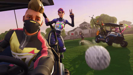HD desktop wallpaper of 'Fortnite Battle Royale' featuring characters in golf carts on a course, with one character hitting a golf ball towards the viewer.
