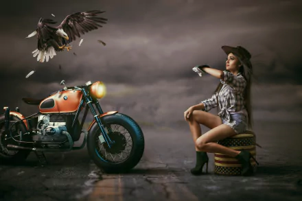 4K Ultra HD wallpaper featuring a long-haired model in shorts and hat seated by a BMW motorcycle, with a bald eagle soaring overhead in a dramatic, moody setting.
