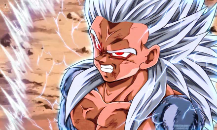 Anime wallpaper: Gohan (Dragon Ball Super) snarling with silver hair, red eyes and a crackling aura over a rocky battlefield — HD PC desktop background.