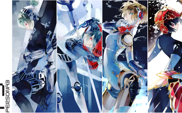 HD PC desktop wallpaper featuring Aigis from the video game Persona 3, showcasing dynamic, stylized poses in a vivid and detailed art style.