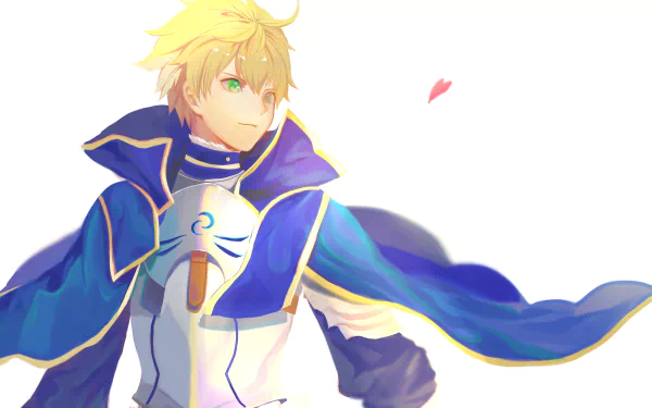 Saber (Fate/Prototype) from Fate/Grand Order in white armor and a flowing blue cloak, anime-style 4K Ultra HD PC desktop wallpaper, gazing right with a small pink heart accent.