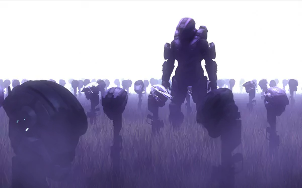 HD wallpaper featuring Master Chief from the video game Halo, standing amid a foggy battlefield, surrounded by numerous shadowy figures.