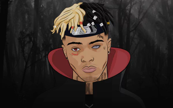 HD desktop wallpaper featuring a stylized illustration of XXXTentacion with blonde and black hair, set against a misty forest background.