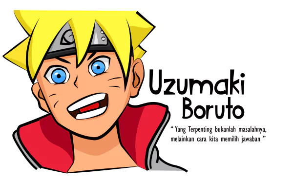 Anime Boruto Uzumaki portrait with bright grin and headband, Uzumaki Boruto text and Indonesian quote — 5K Ultra HD PC desktop wallpaper/background.