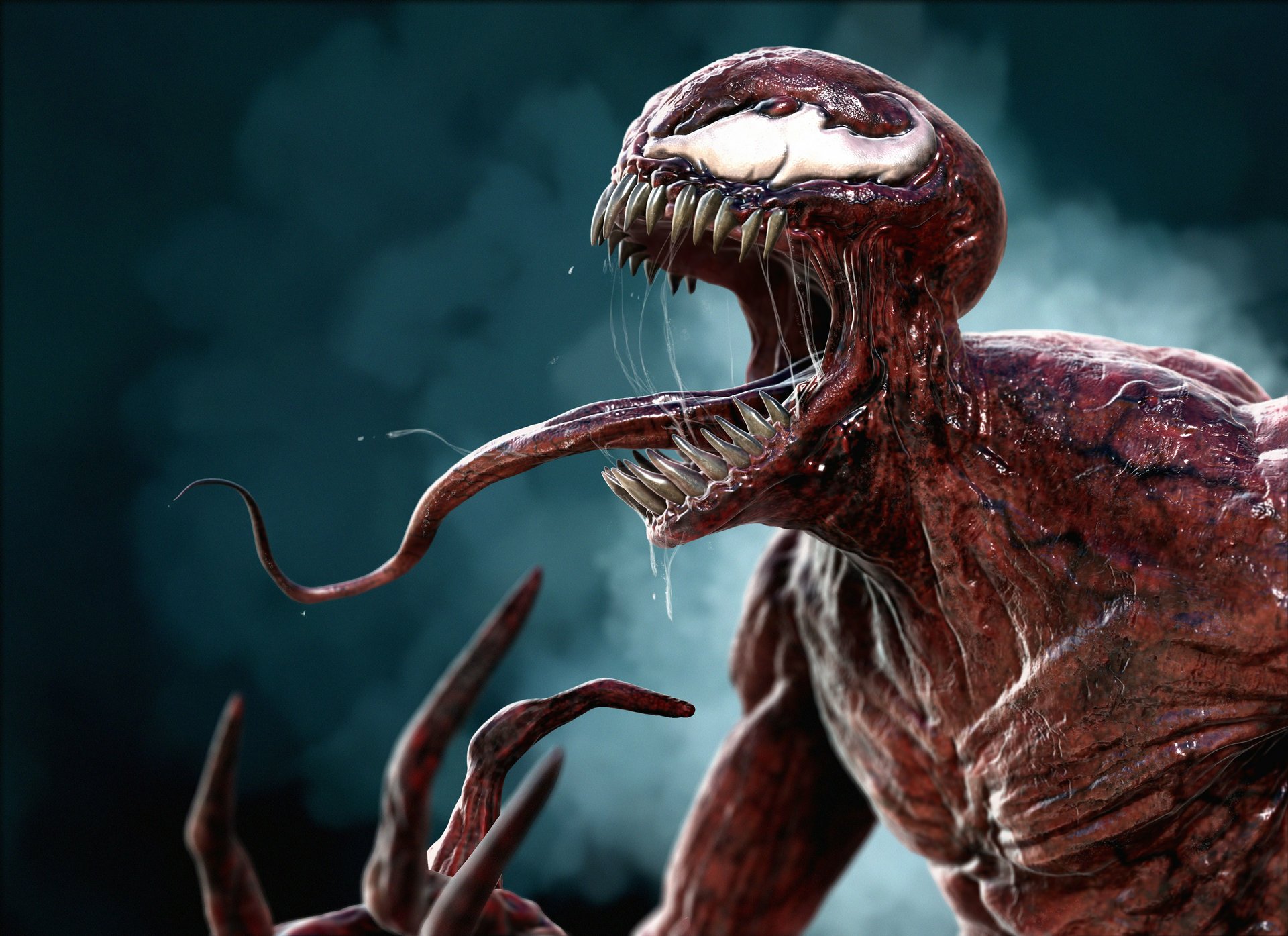 HD wallpaper of Carnage from Marvel Comics, showcasing the character's fearsome appearance with a detailed and menacing pose.