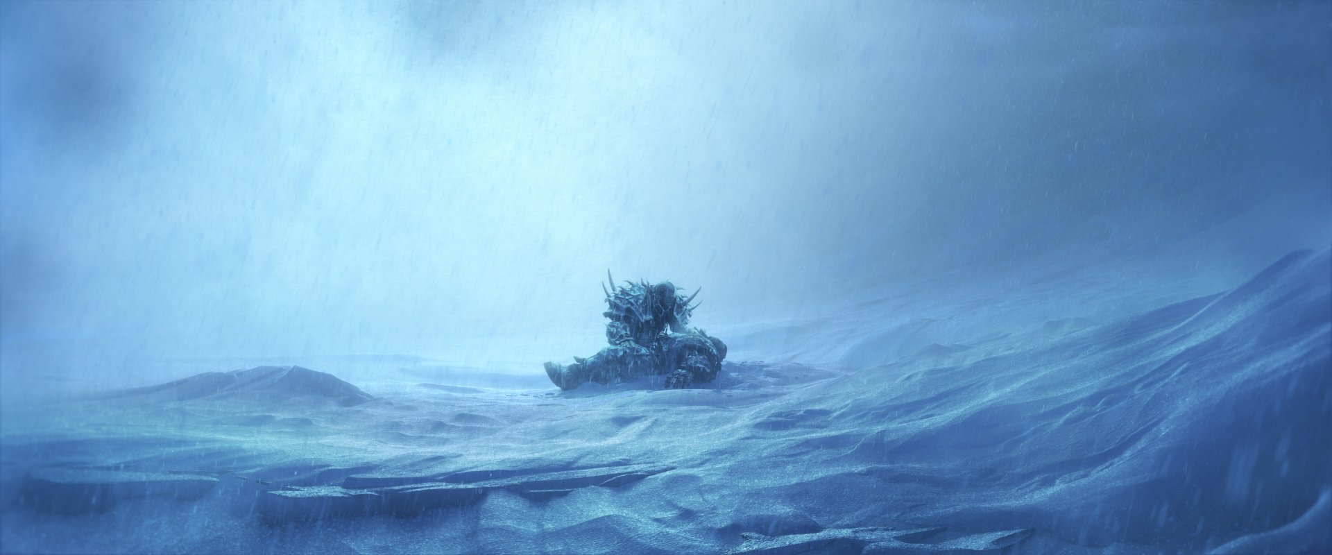 Video game — World of Warcraft: Battle for Azeroth 5K Ultra HD PC desktop wallpaper depicting a lone armored figure amid a vast, icy blue wasteland.