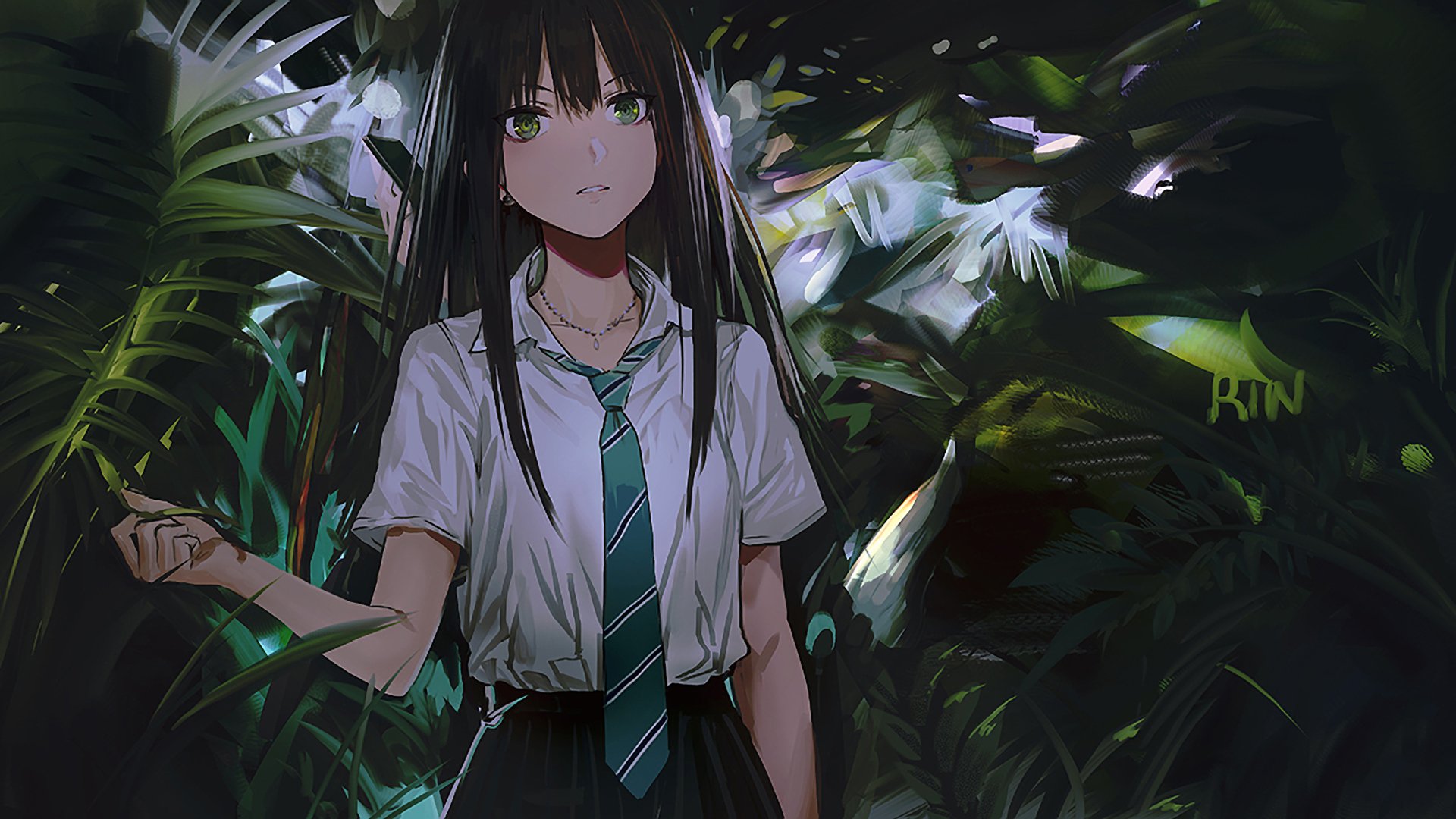 HD PC desktop wallpaper featuring Rin Shibuya from The iDOLM@STER Cinderella Girls in a detailed anime style amidst lush, dark green foliage.