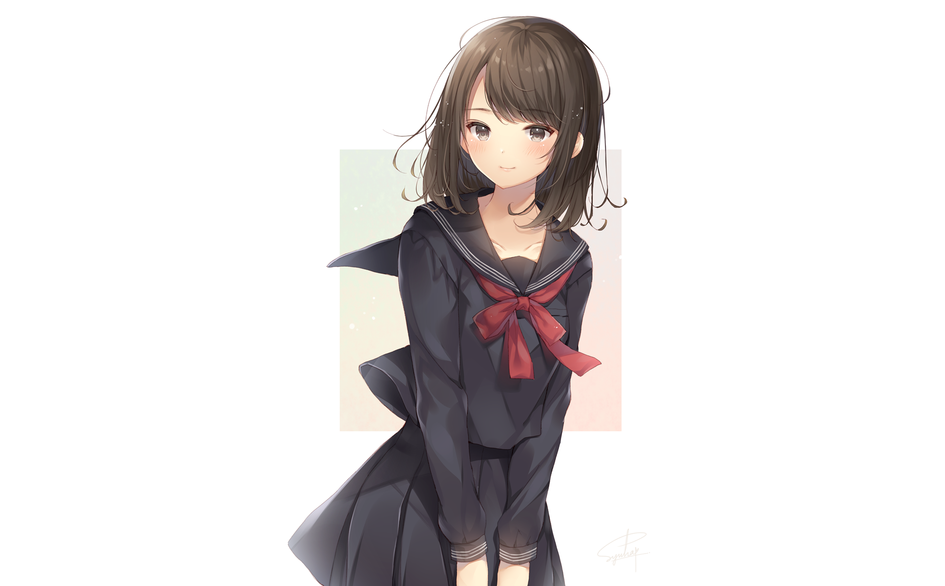 Anime-style original HD desktop wallpaper featuring a young girl with brown hair in a black school uniform with a red ribbon, set against a simple light background.