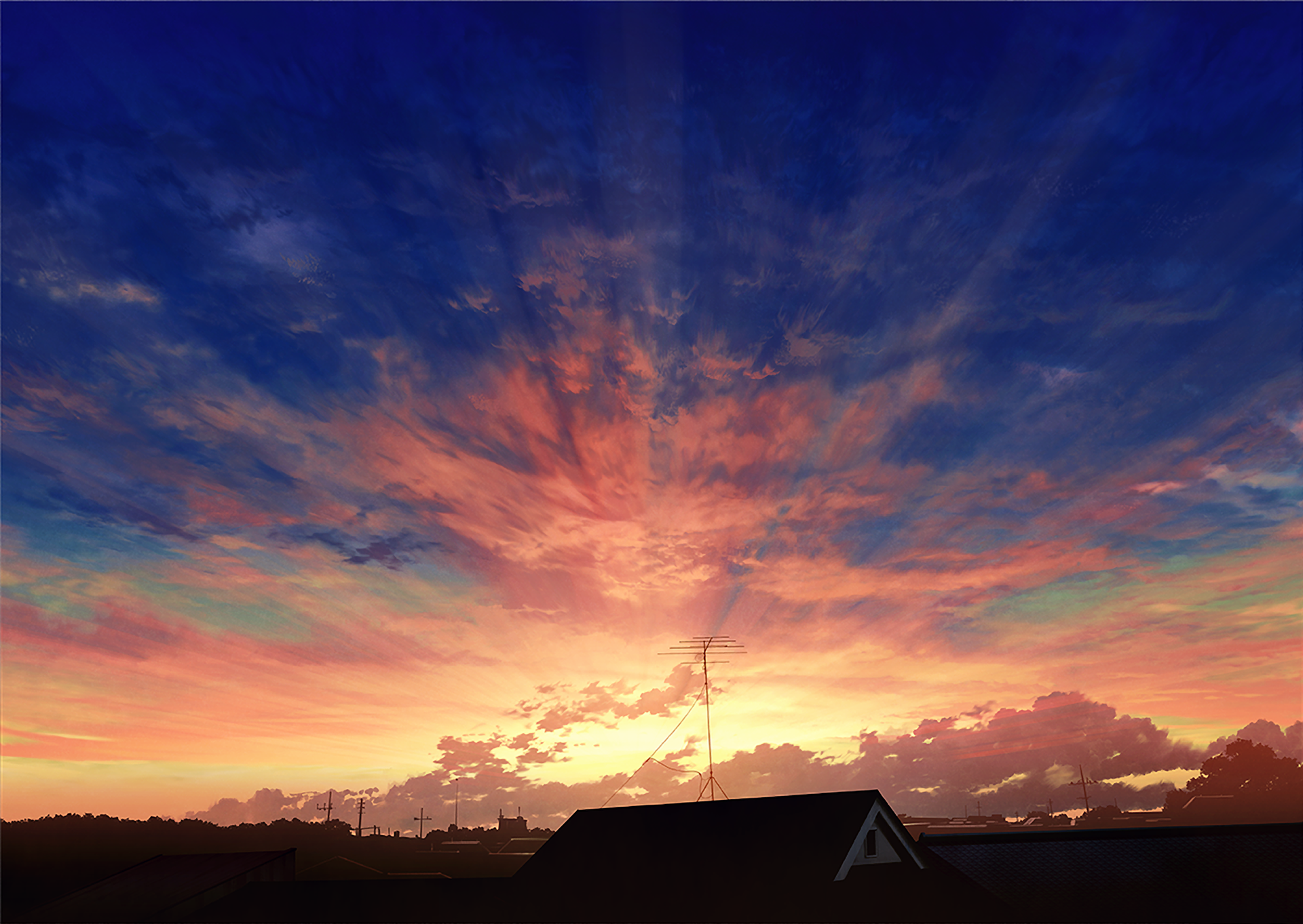 HD anime-style sunset sky with vibrant orange and purple hues, silhouetted rooftops, and radiant clouds, designed as an original PC desktop wallpaper background.