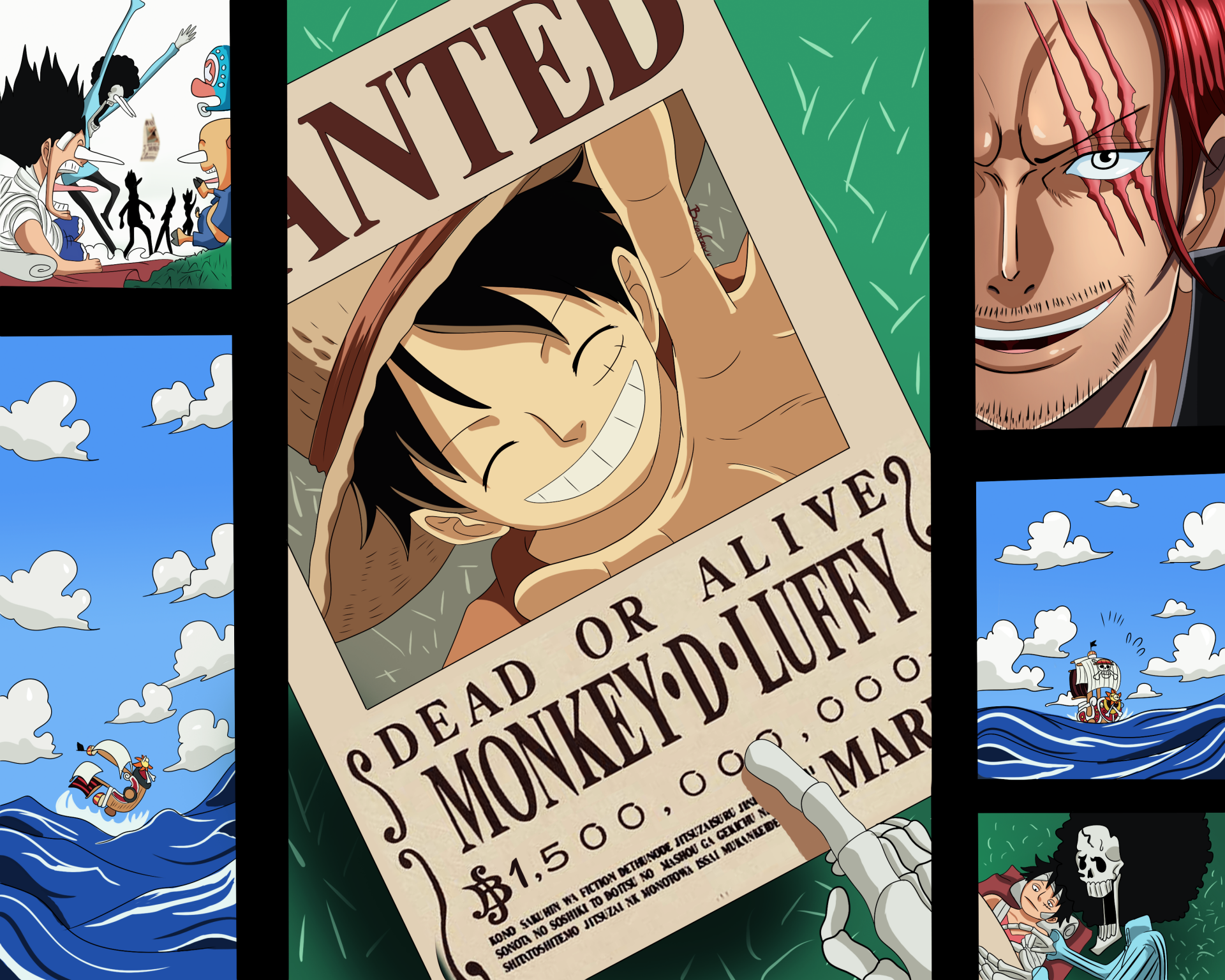 HD desktop wallpaper featuring One Piece characters Monkey D. Luffy, Nami, Sanji, Tony Tony Chopper, Brook, Shanks, and Carrot in vibrant anime style.