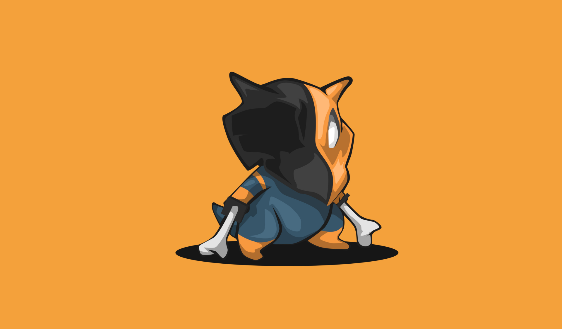 A 4K Ultra HD wallpaper featuring a chibi-style Cubone Pokémon wearing Deathstroke’s half-black, half-orange mask against an orange background.