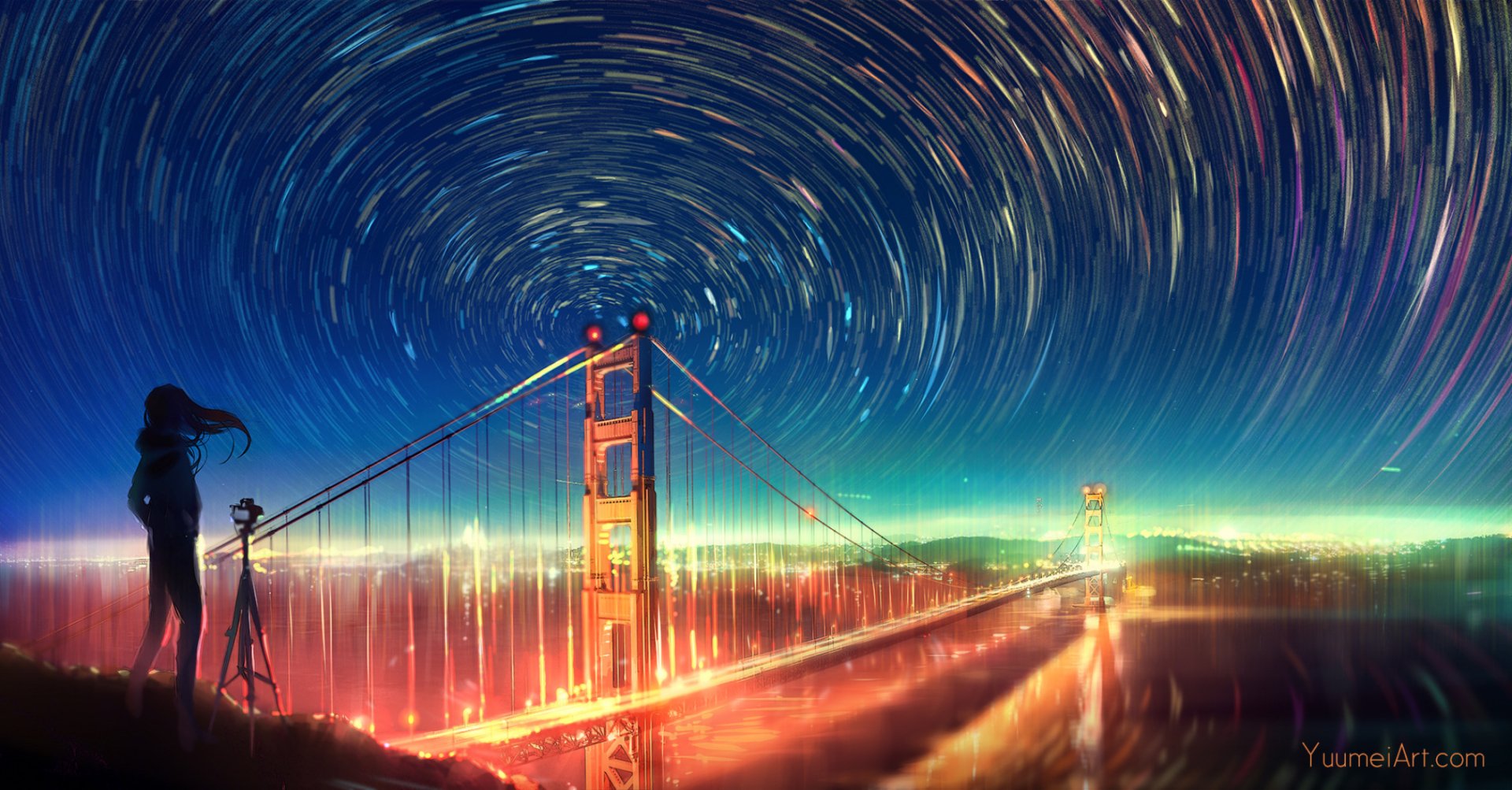 Anime-style HD wallpaper depicting a silhouetted person with a camera observing a brightly lit bridge under a mesmerizing night sky filled with swirling star trails.