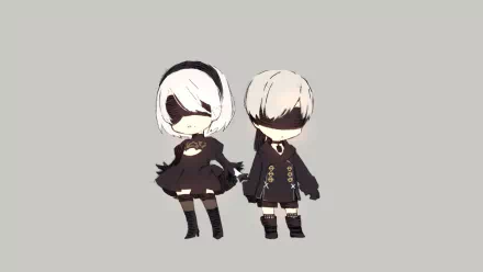 HD PC desktop wallpaper featuring chibi versions of YoRHa No.9 Type S and YoRHa No.2 Type B from the video game NieR: Automata.