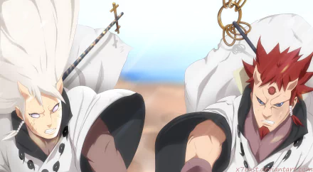 HD anime wallpaper featuring Hamura Ōtsutsuki and Hagoromo Ōtsutsuki from Naruto in dynamic poses against a bright sky background.