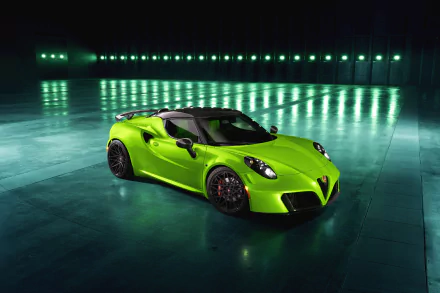 A vibrant green Alfa Romeo 4C supercar showcased in a sleek, illuminated setting, captured in 4K Ultra HD as a high-quality PC desktop wallpaper.