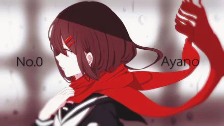 HD PC desktop wallpaper of Ayano Tateyama from Kagerou Project anime, featuring her with a red scarf and hair clips against a blurred background.
