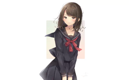 Anime-style original HD desktop wallpaper featuring a young girl with brown hair in a black school uniform with a red ribbon, set against a simple light background.
