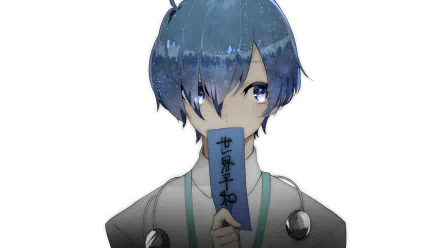 HD PC desktop wallpaper featuring Minato Arisato from the video game Persona 3, showcasing his blue hair and holding a paper with Japanese characters.