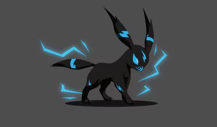 Minimalist HD desktop wallpaper of Umbreon, a Pokémon from the anime series, featuring a dark silhouette with blue accents on a grey background.