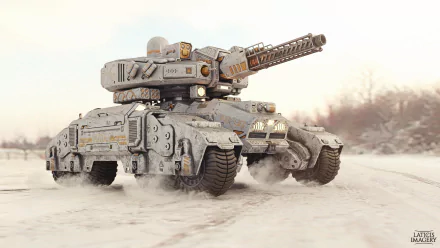 A HD desktop wallpaper of a futuristic military tank moving across a snowy landscape, featuring Sci-Fi elements and intricate details.
