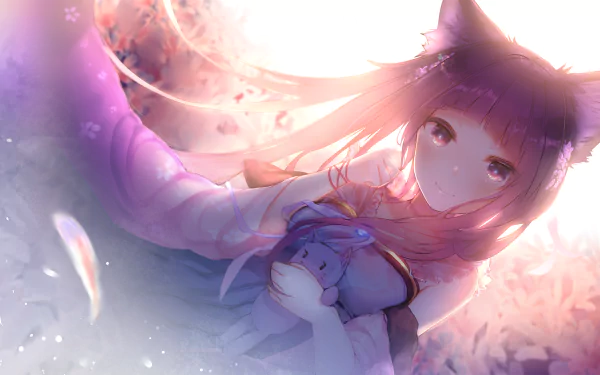 Anime artwork featuring a character with animal ears, holding a plush toy. This HD original desktop wallpaper has soft lighting and delivers a dreamy, ethereal atmosphere.