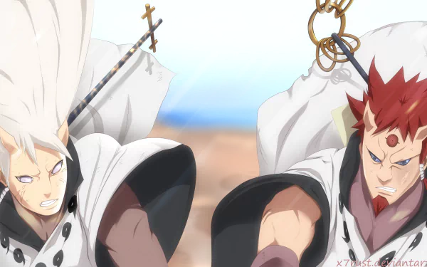 HD anime wallpaper featuring Hamura Ōtsutsuki and Hagoromo Ōtsutsuki from Naruto in dynamic poses against a bright sky background.