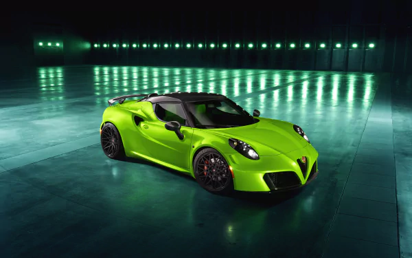 A vibrant green Alfa Romeo 4C supercar showcased in a sleek, illuminated setting, captured in 4K Ultra HD as a high-quality PC desktop wallpaper.