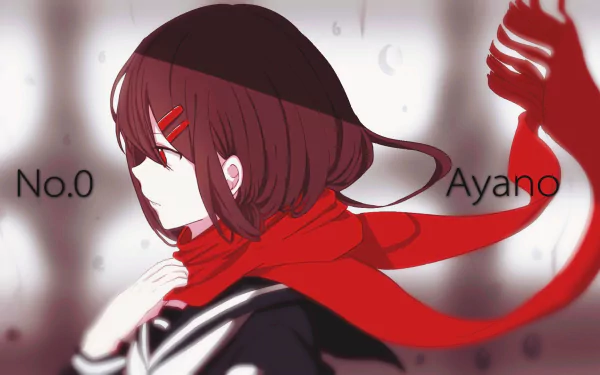 HD PC desktop wallpaper of Ayano Tateyama from Kagerou Project anime, featuring her with a red scarf and hair clips against a blurred background.