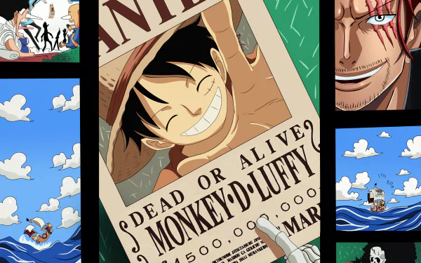 HD desktop wallpaper featuring One Piece characters Monkey D. Luffy, Nami, Sanji, Tony Tony Chopper, Brook, Shanks, and Carrot in vibrant anime style.