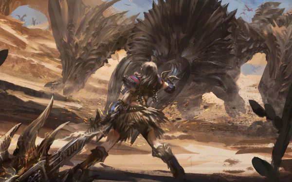 HD desktop wallpaper featuring a fierce battle between a hunter and Diablos from Monster Hunter: World video game, set in a desert landscape.