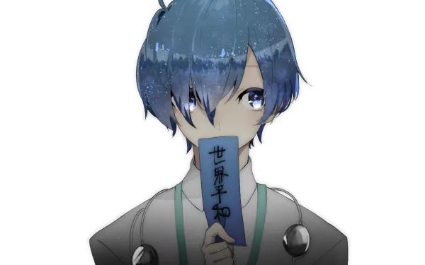 HD PC desktop wallpaper featuring Minato Arisato from the video game Persona 3, showcasing his blue hair and holding a paper with Japanese characters.
