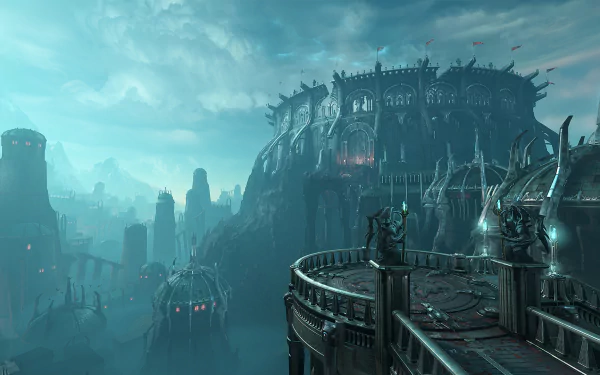 HD desktop wallpaper featuring a DOOM Eternal atmospheric scene with imposing hellish architecture under a moody sky.