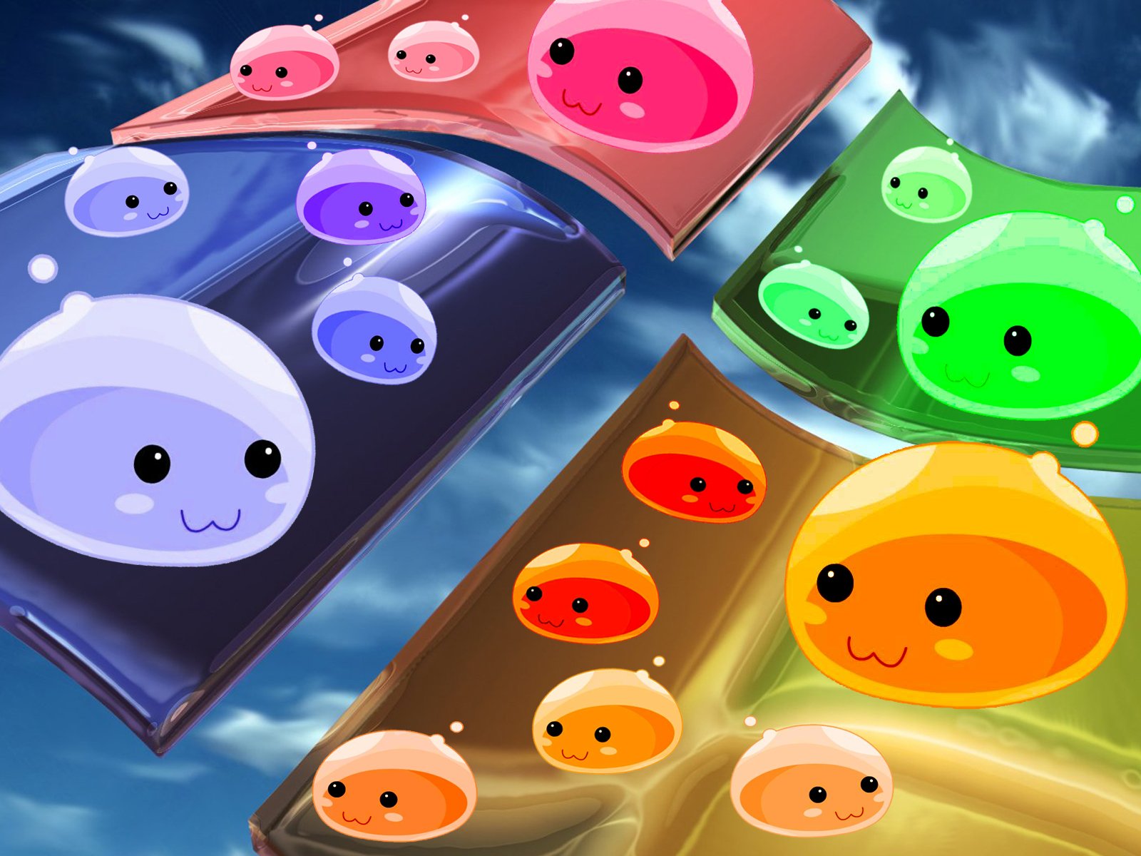 A vibrant and funny HD wallpaper featuring colorful, cute blob characters floating against a bright sky background, adding a playful touch to any desktop.